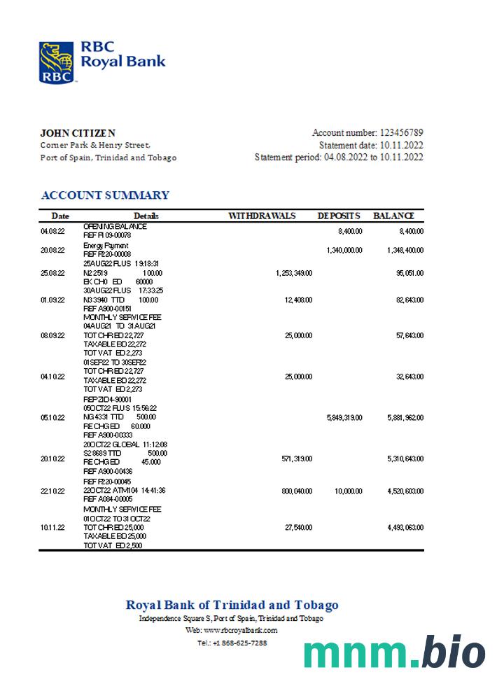 Trynidad i Tobago First Citizens Bank statement template w formacie Word i PDF